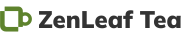 ZenLeaf Tea logo featuring a green stylized teacup with a square handle, followed by the brand name 'ZenLeaf Tea' in bold black text.