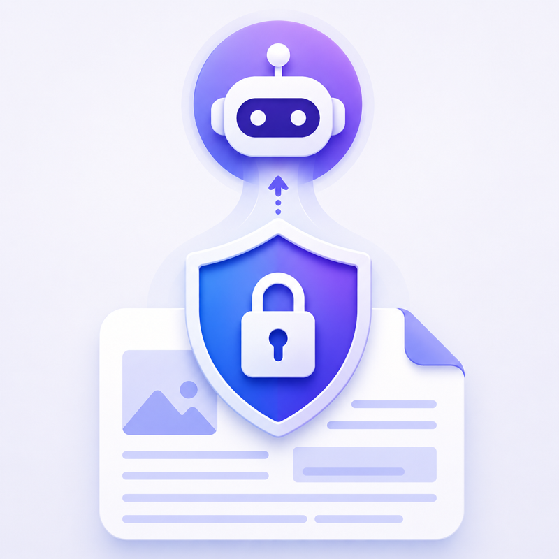A robot above a shield with a padlock, guarding a document.