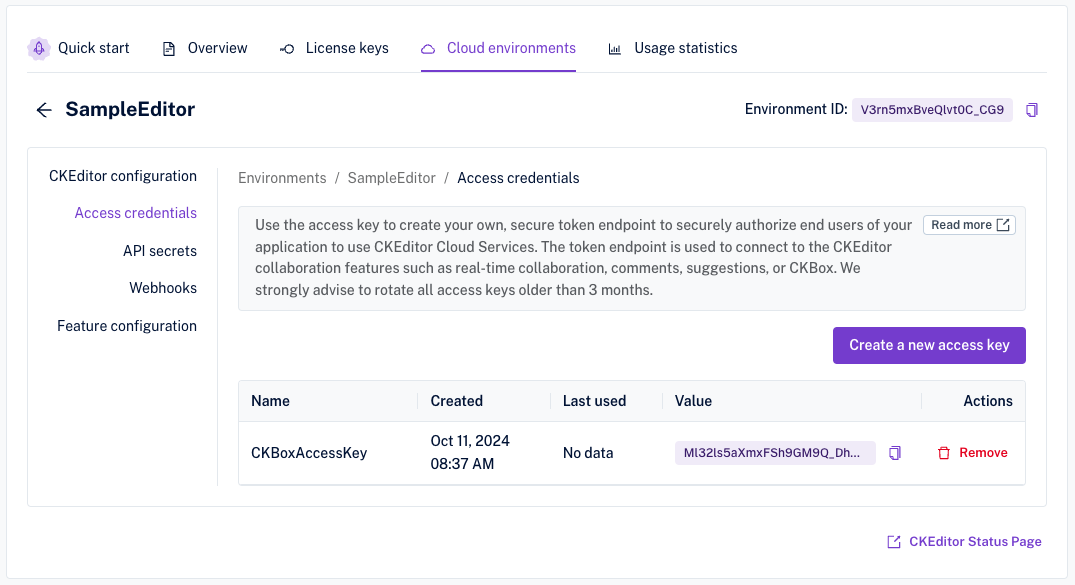 Keys listing in the Cloud environments section.