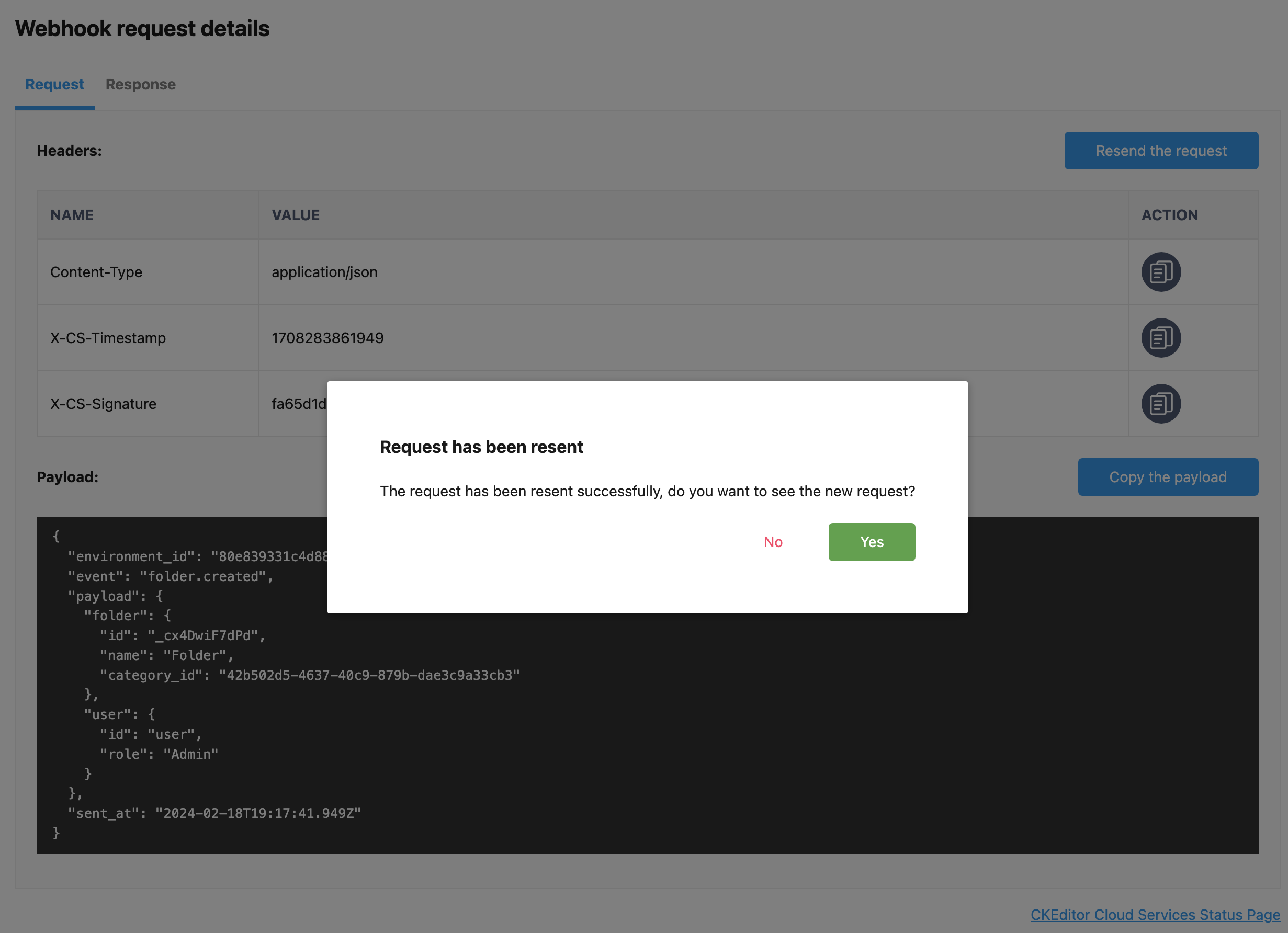 Webhook’s request resent confirmation in the Customer Portal.