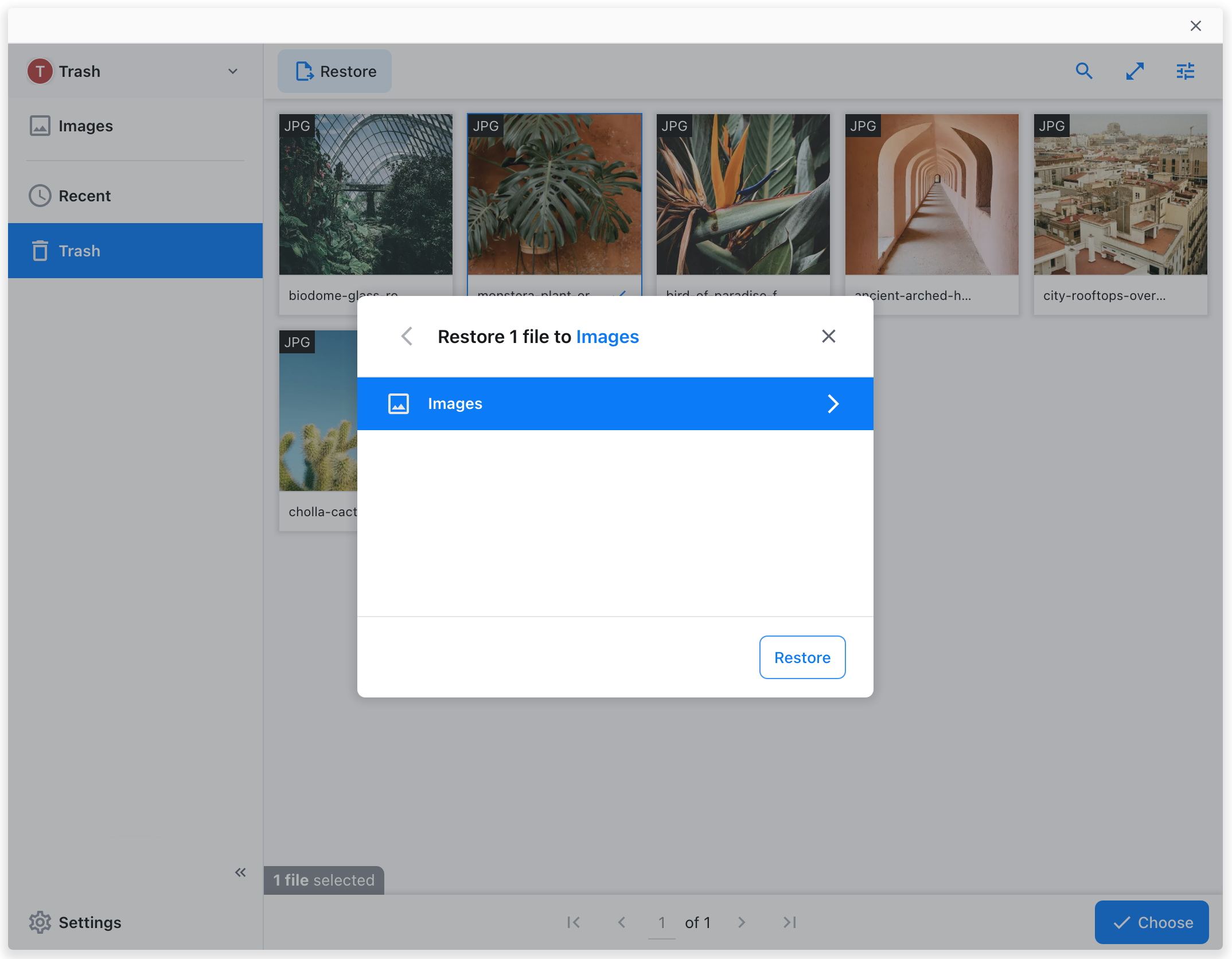 Restore asset to a new location.