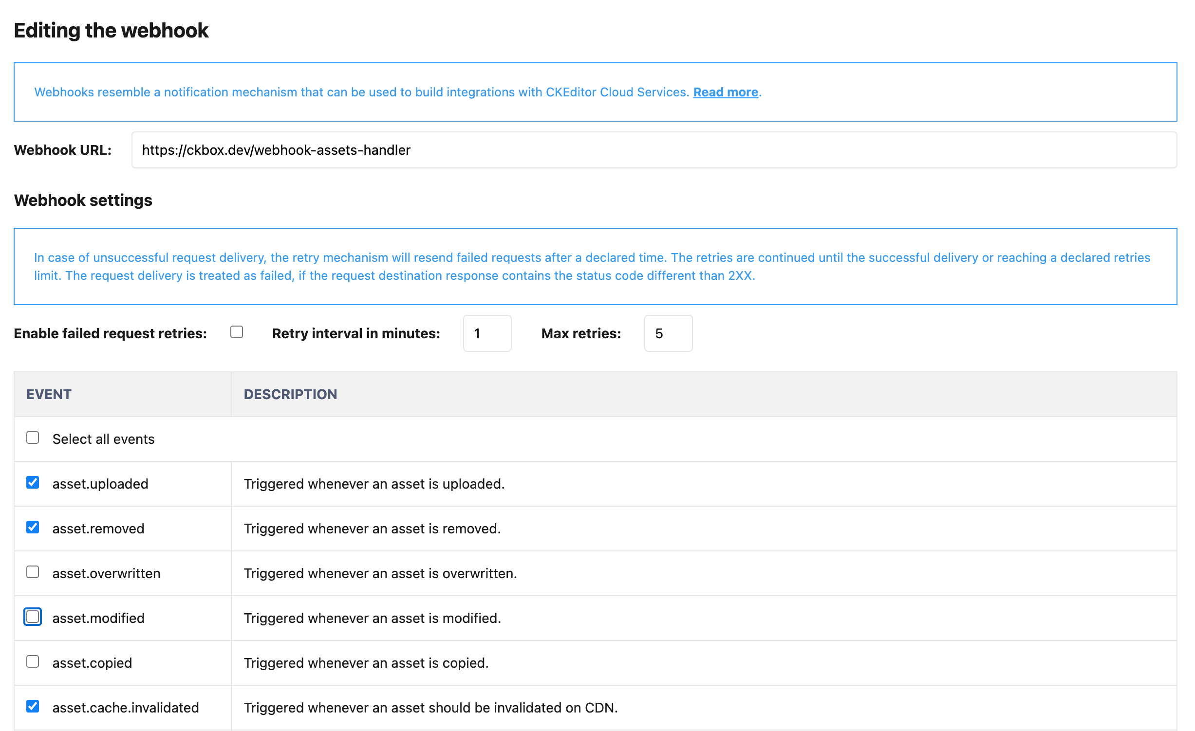 Edit webhook view in CKEditor Ecosystem customer dashboard.