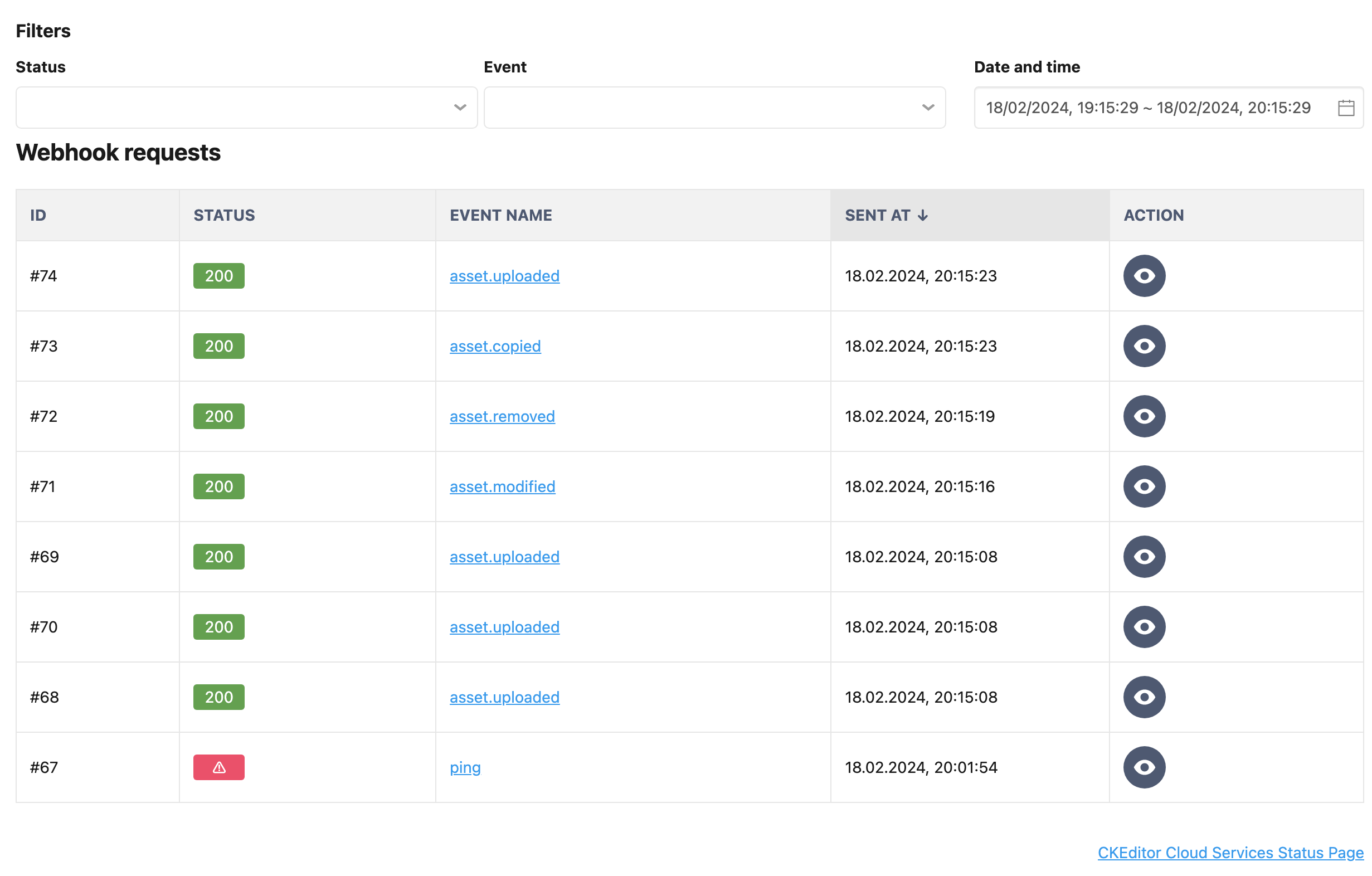 Webhook’s requests list in the CKEditor Ecosystem customer dashboard.