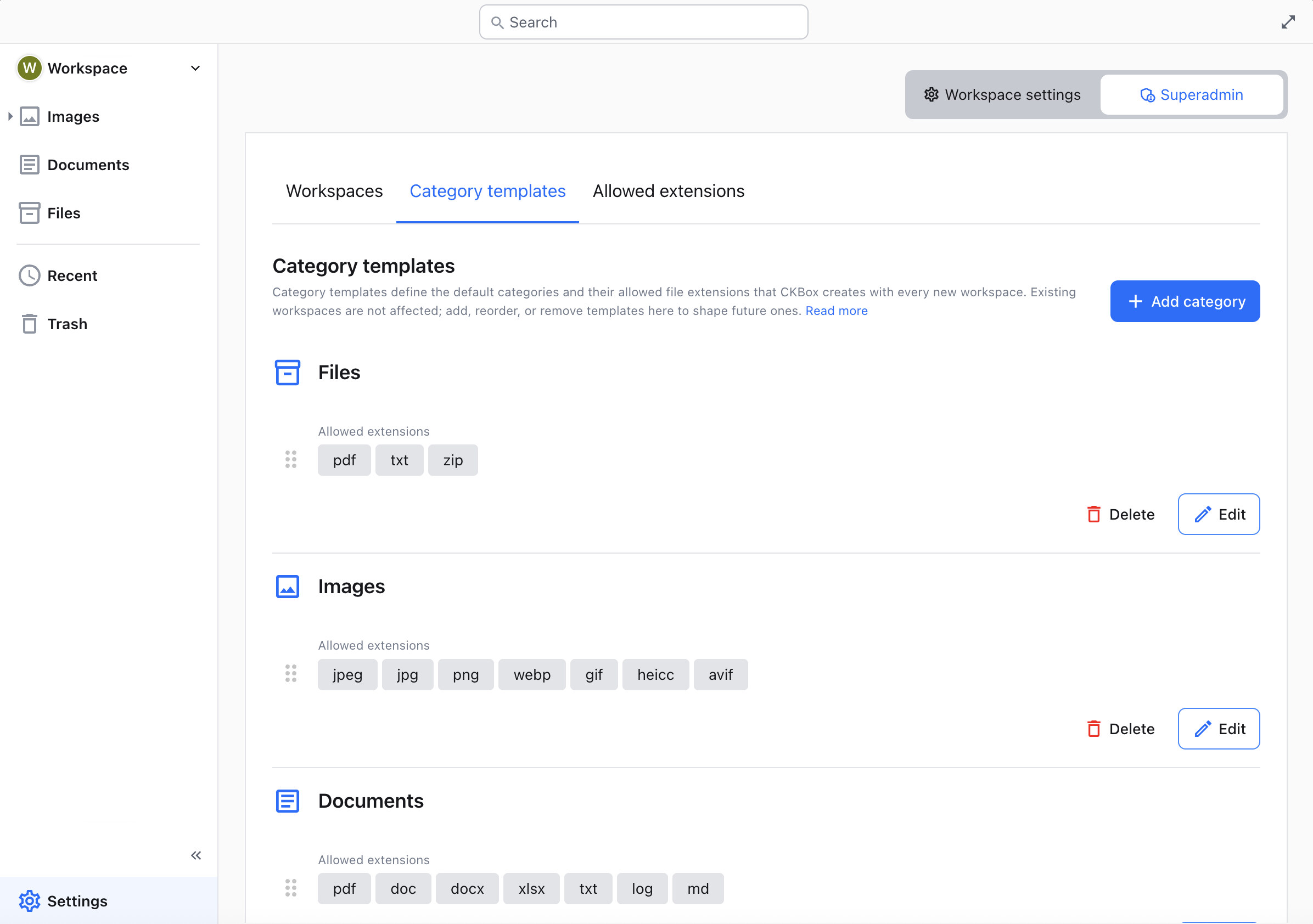 Defining category templates.