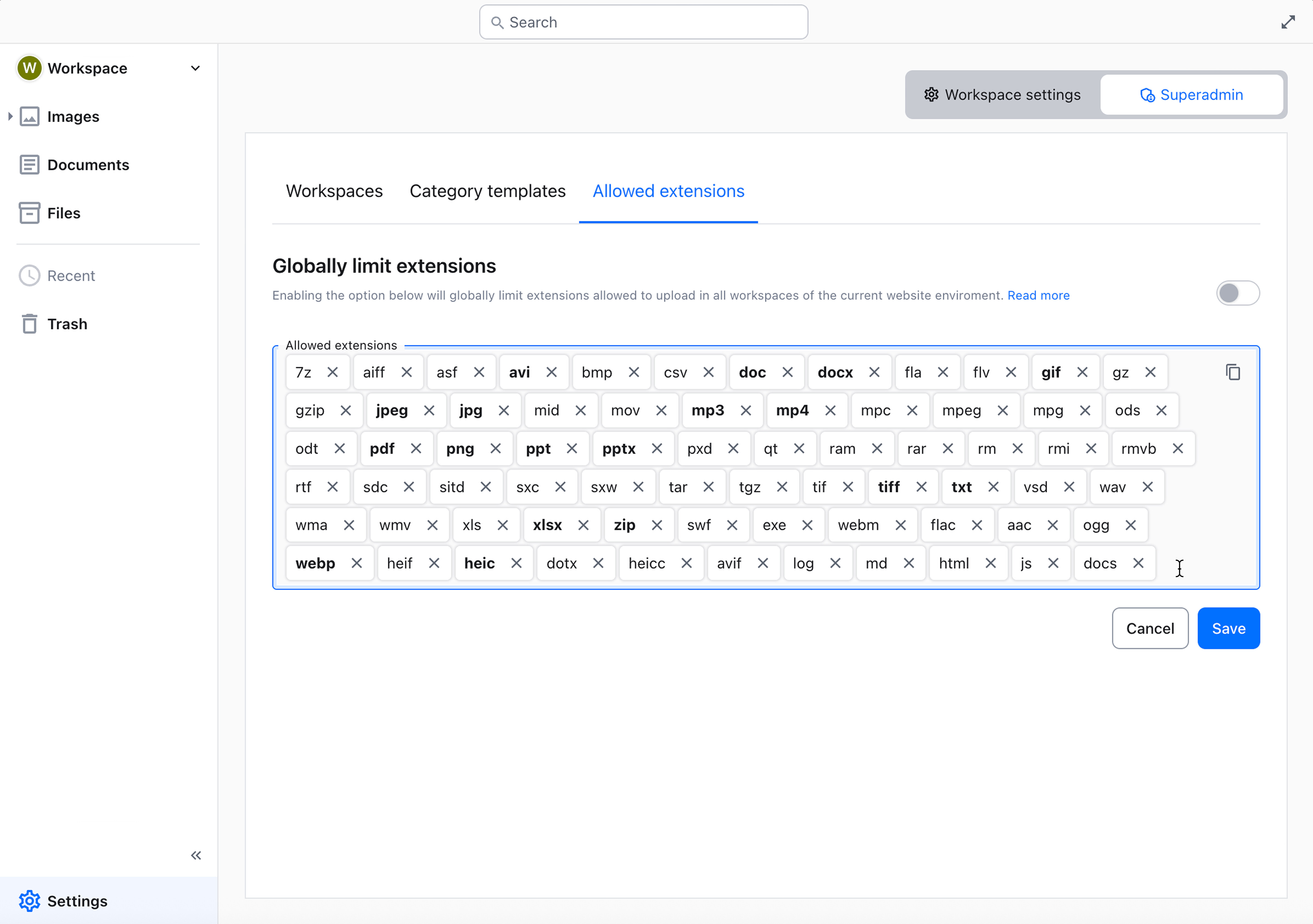 Editing globally allowed extensions.