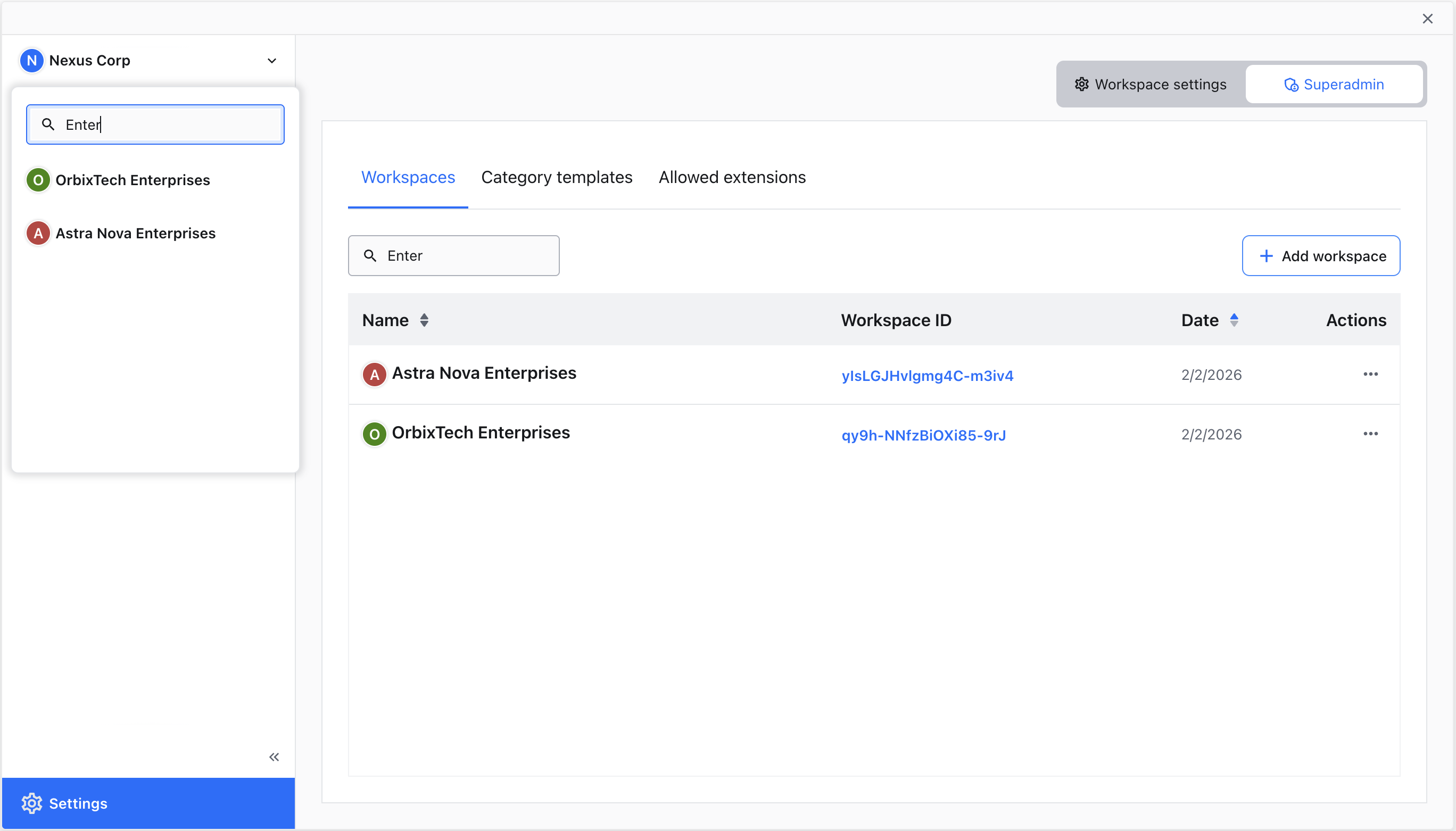 Searching workspaces by name.