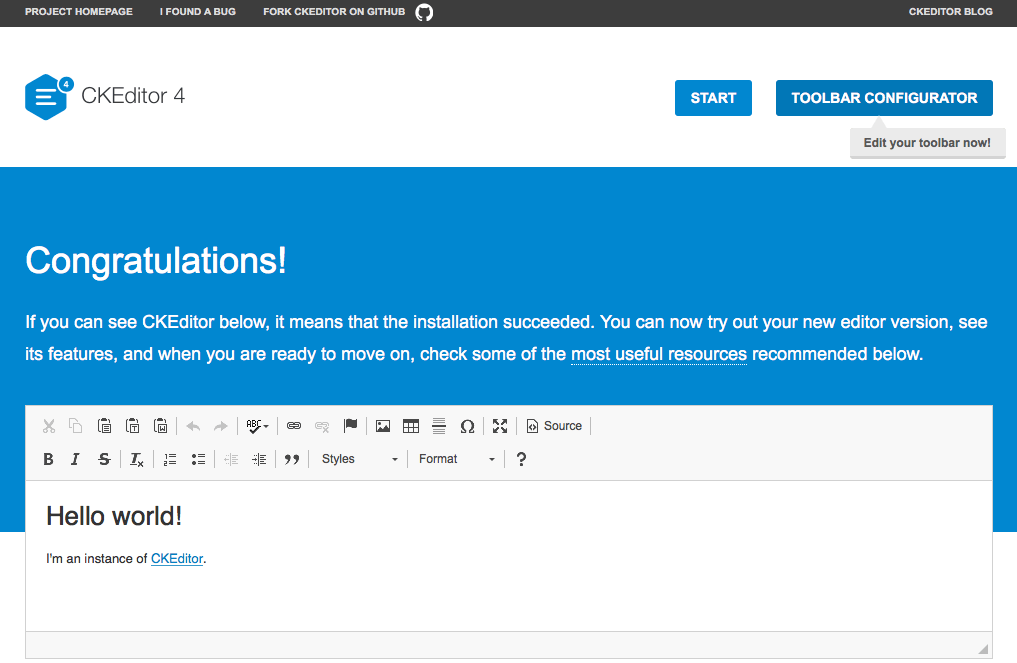 New CKEditor 4.9 sample with Toolbar Configurator button