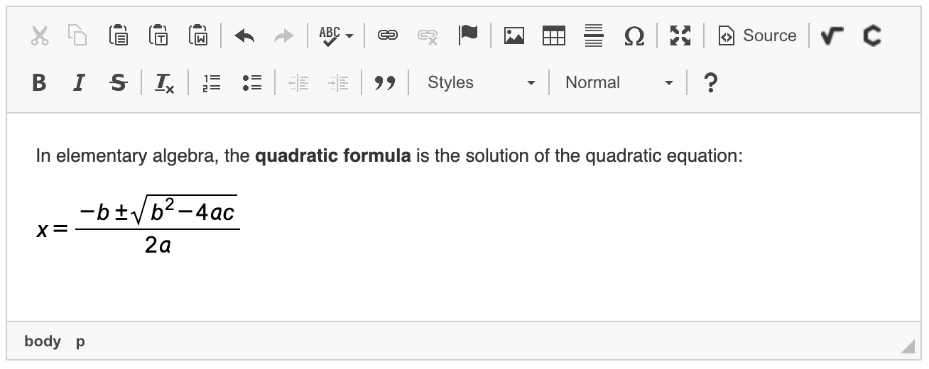 Math equation inserted into CKEditor 4 WYSIWYG editor with MathType.