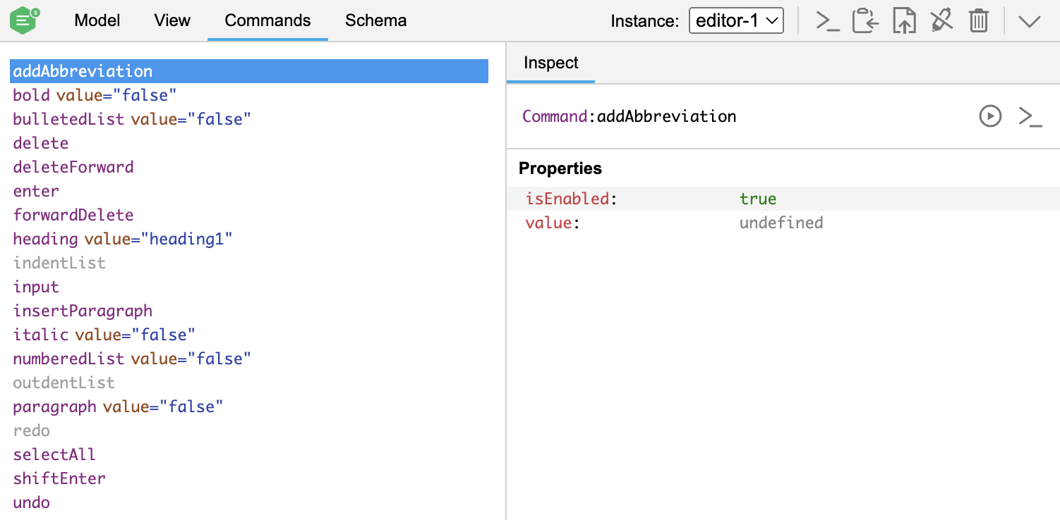 Screenshot of the CKEditor 5 inspector showing the <code>addAbbreviation</code> command.