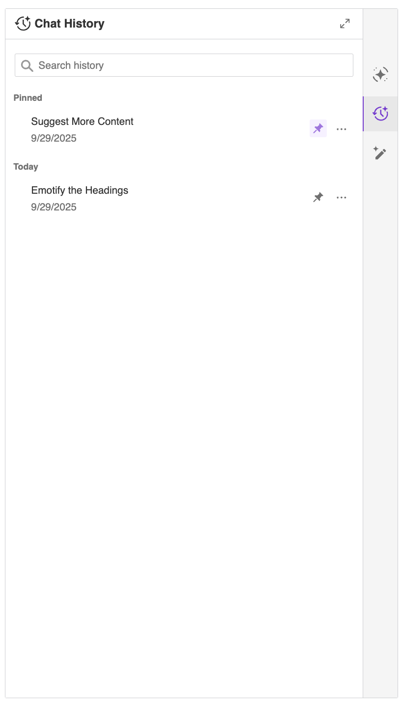CKEditor AI Chat history showing previous conversations and interactions.