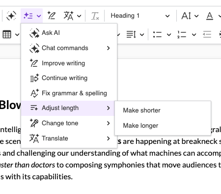 CKEditor AI Quick Actions dropdown in the toolbar…