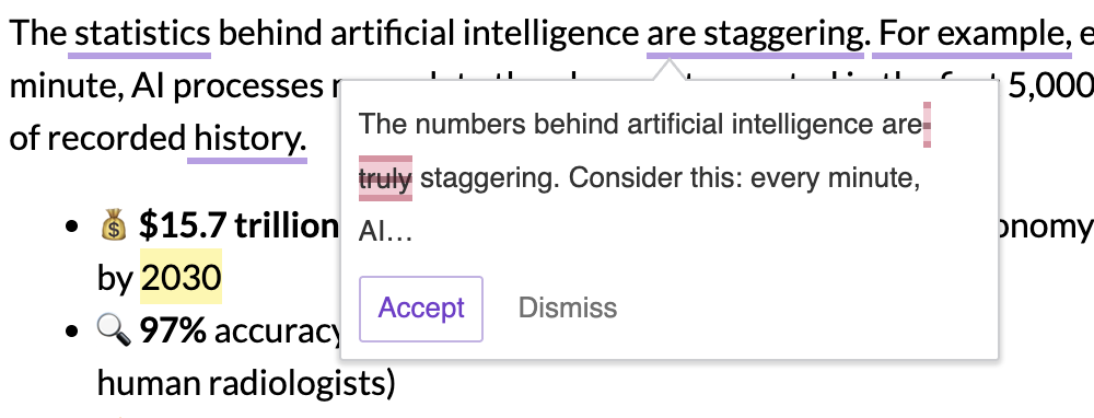 CKEditor AI Review suggestion in content.
