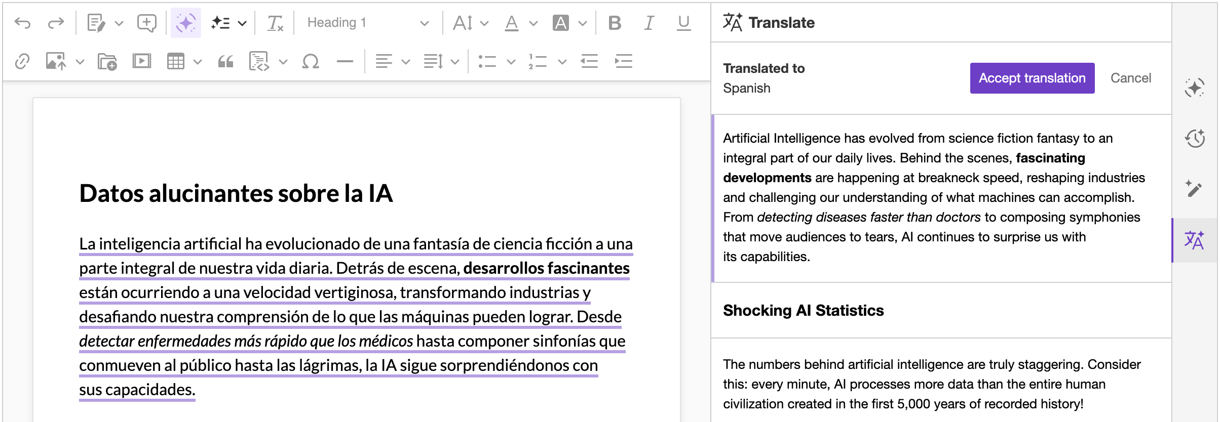 CKEditor AI Translate suggestion and original content.