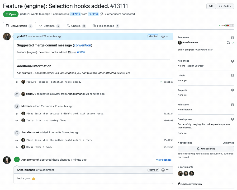 Screencast how to copy a source version of the suggested commit message when closing a PR.