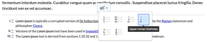 Footnotes marker style dropdownww in CKEditor 5 WYSIWYG editor