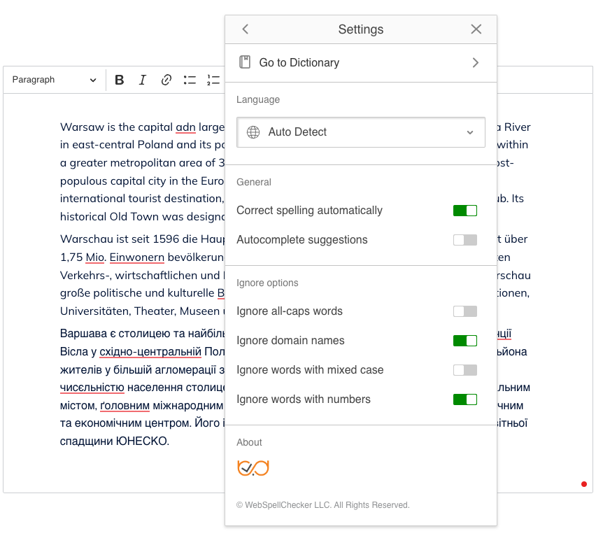 Setting the spell checker dictionary to auto.