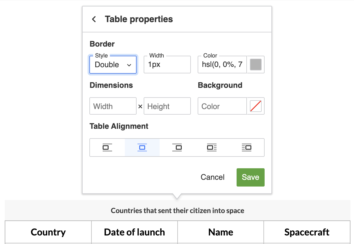 Table alignment options
