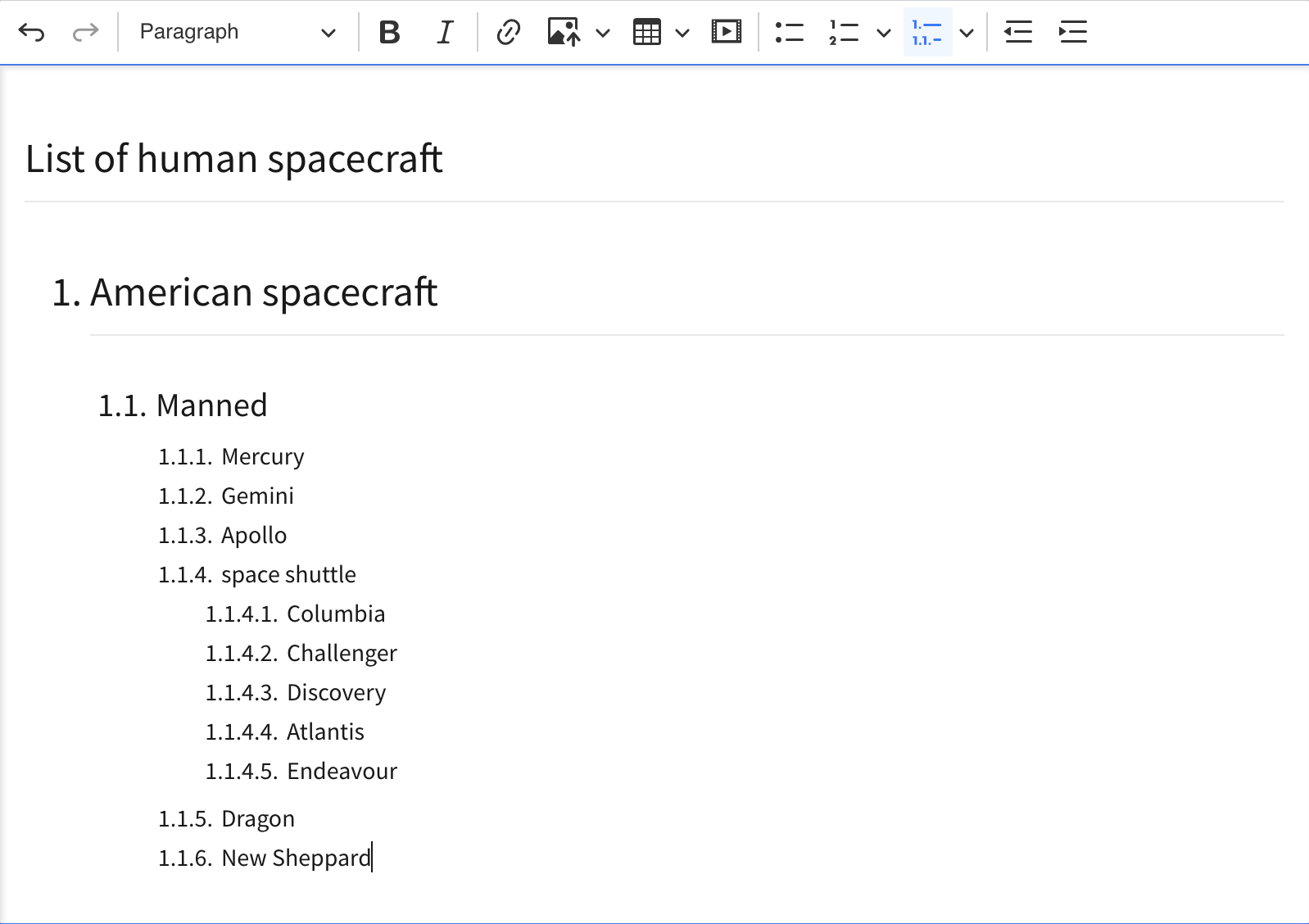 Example of a multi-level list inside the CKEditor 5 imported from a Word document: the hierarchical structure of a multi-level list was preserved alongside the legal numbering.