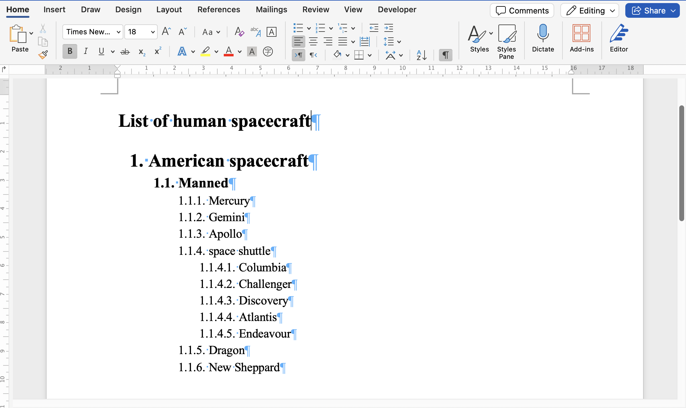 Example of a Word document imported from a document created in CKEditor 5: the hierarchical structure of a multi-level list was preserved alongside the legal numbering.