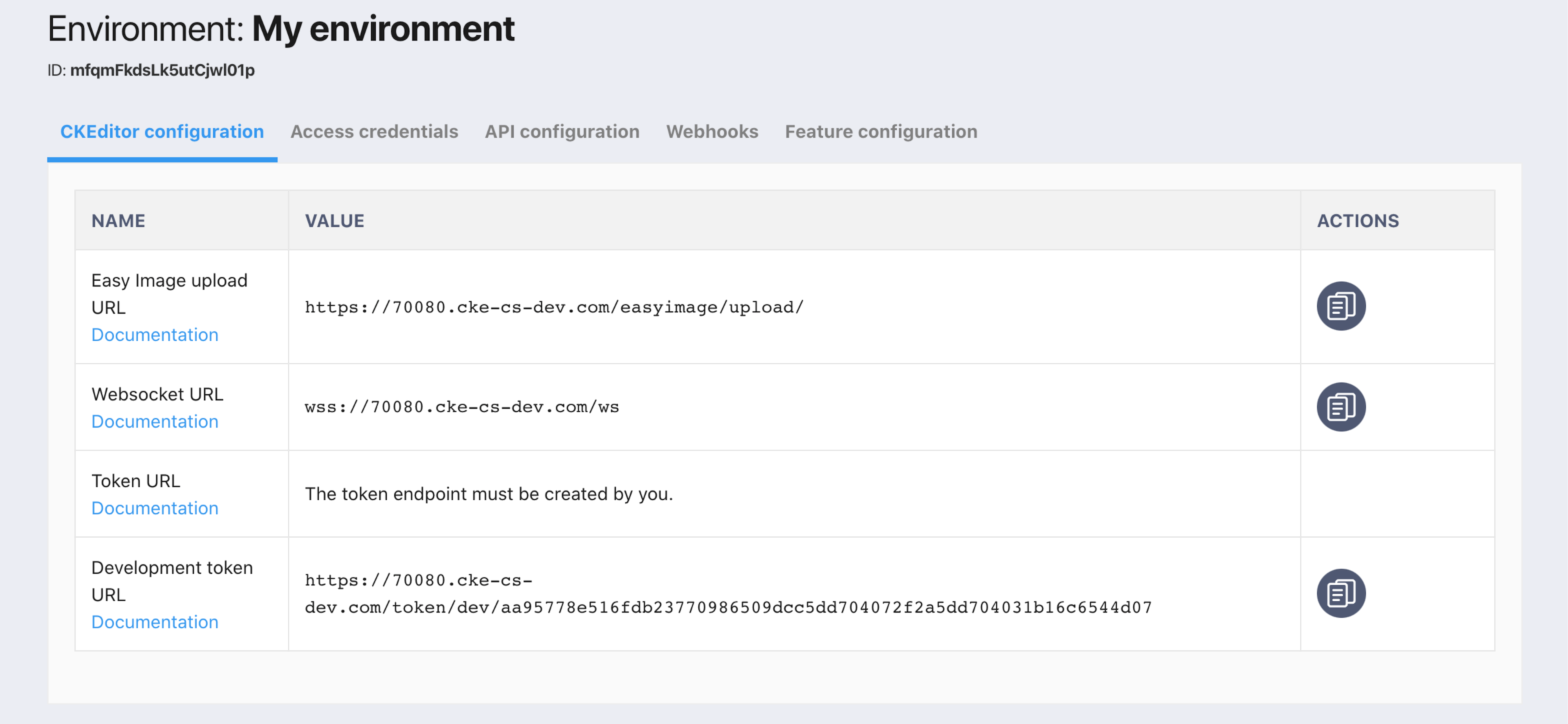 CKEditor 5 Configuration with the development token URL.