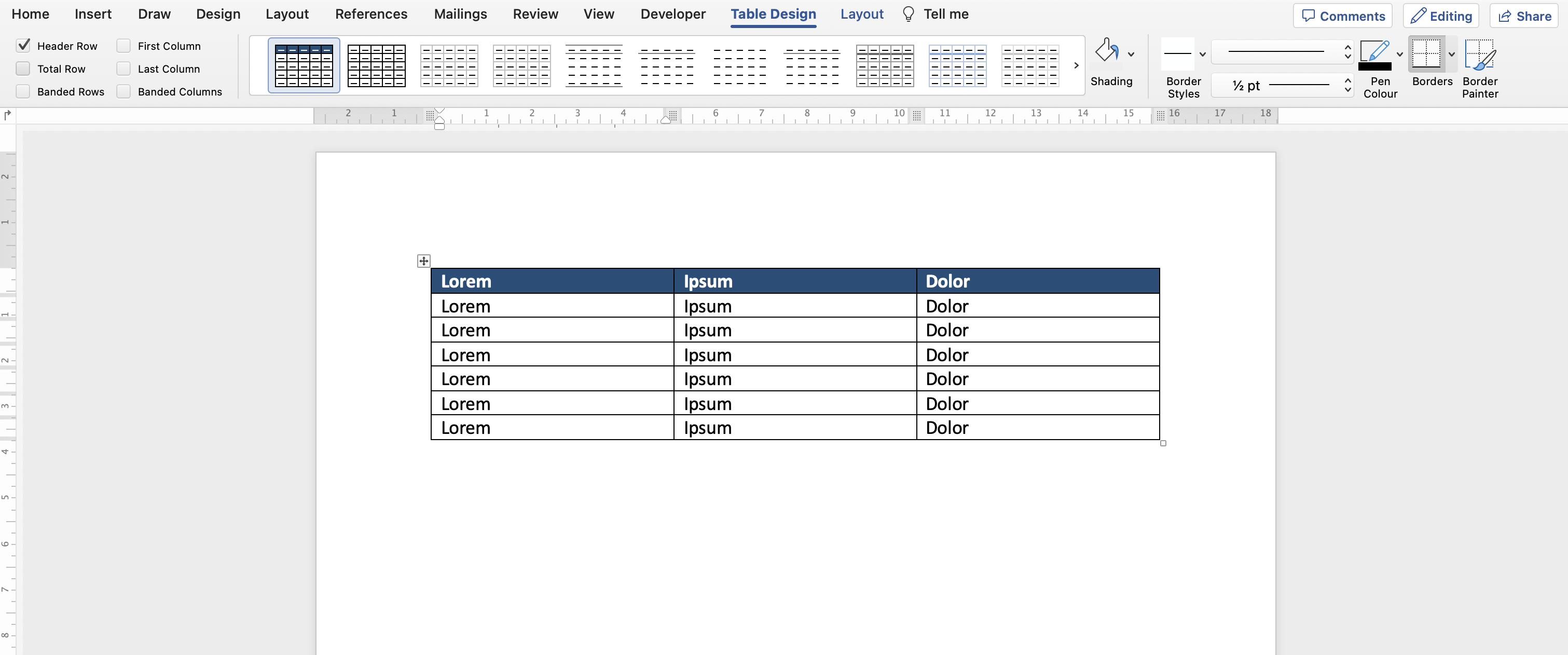 A table with the top row formatting applied.