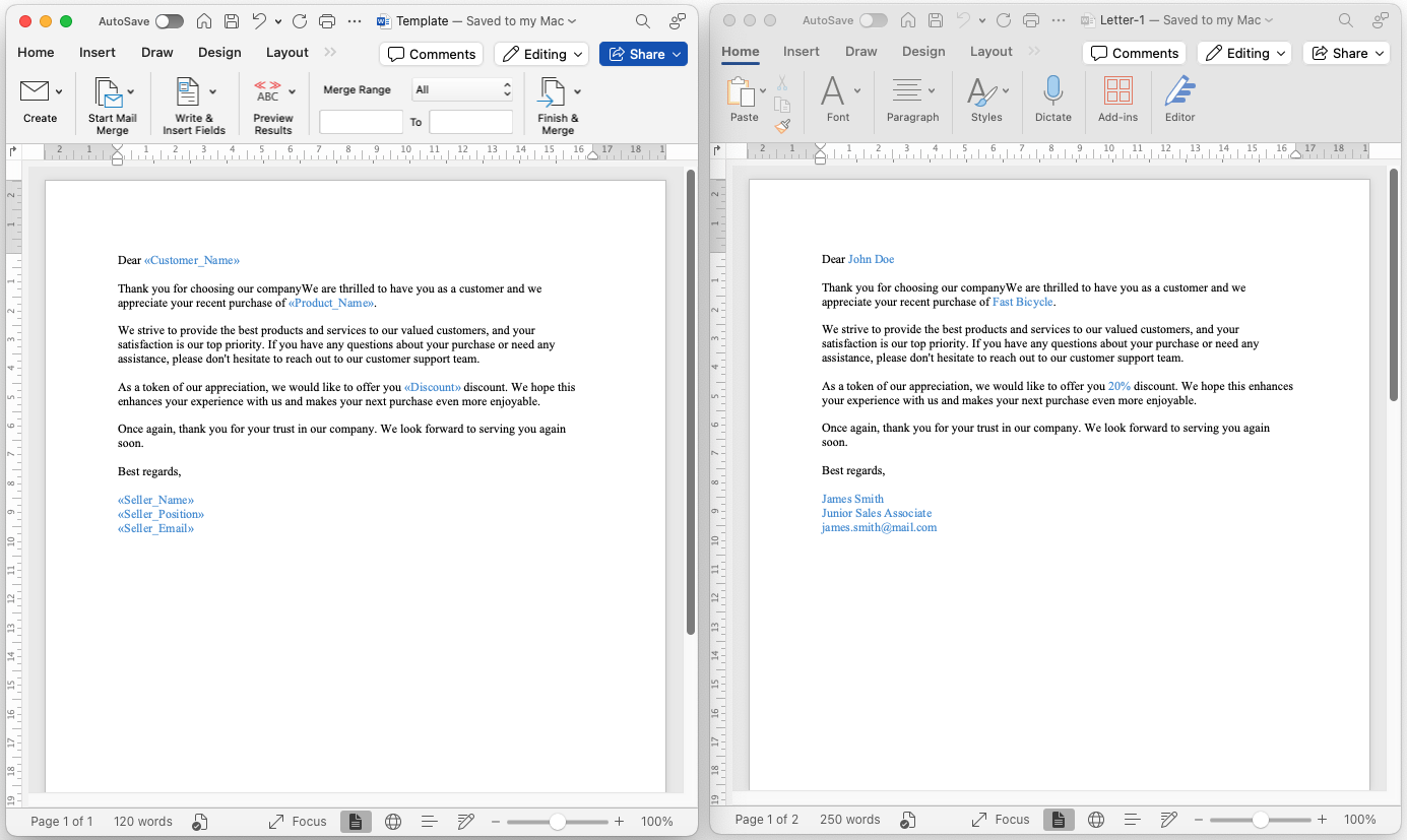 Word merge fields template