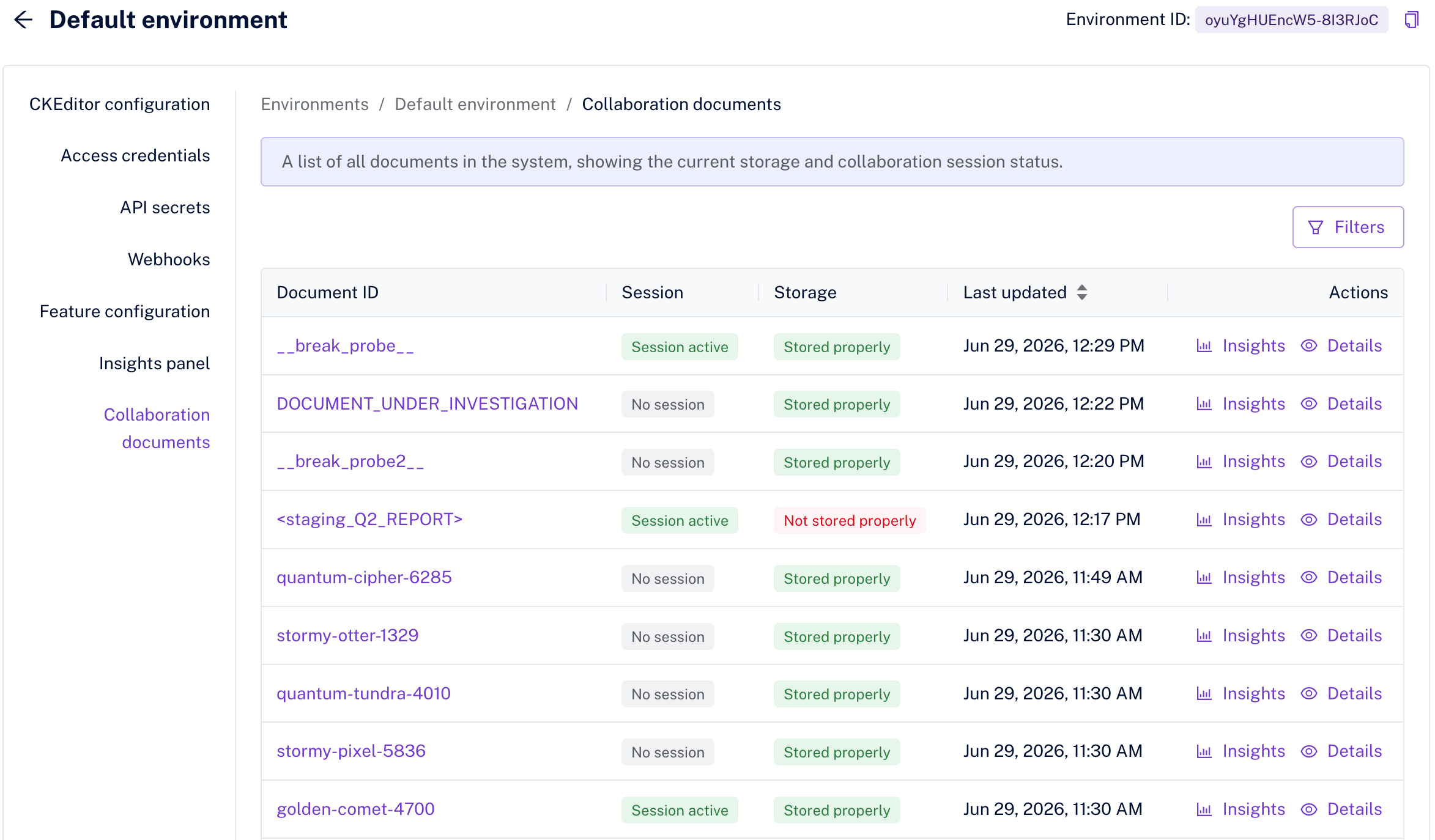 The Collaboration documents list showing session and storage status for each document.