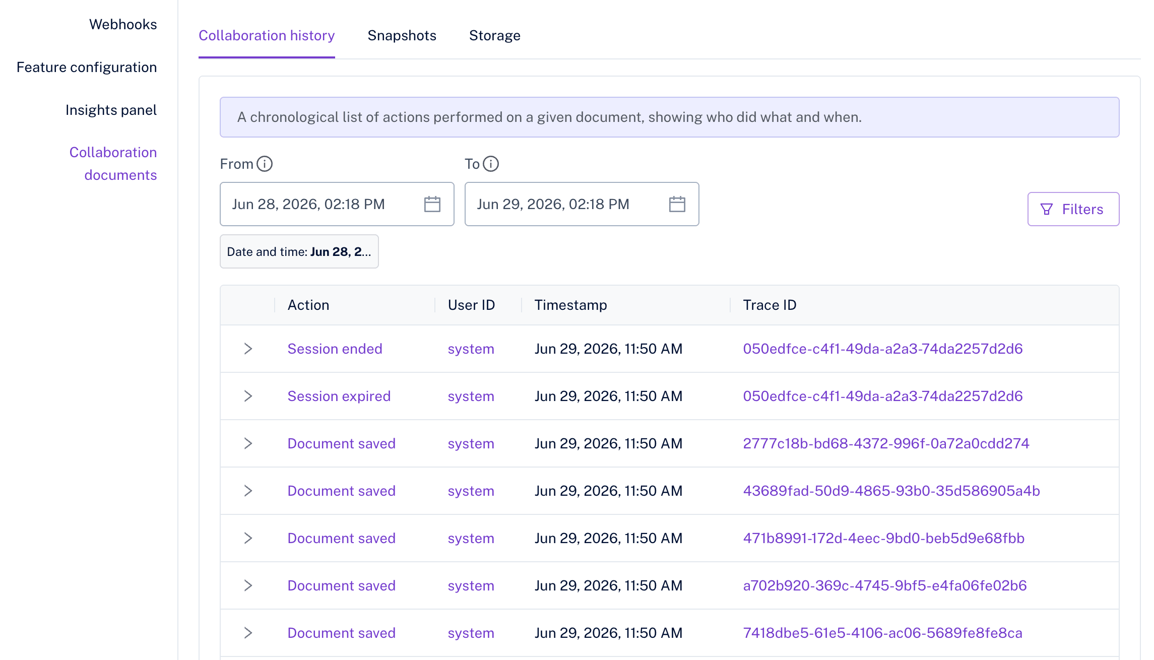 The Collaboration history tab listing document actions with timestamps and trace IDs.