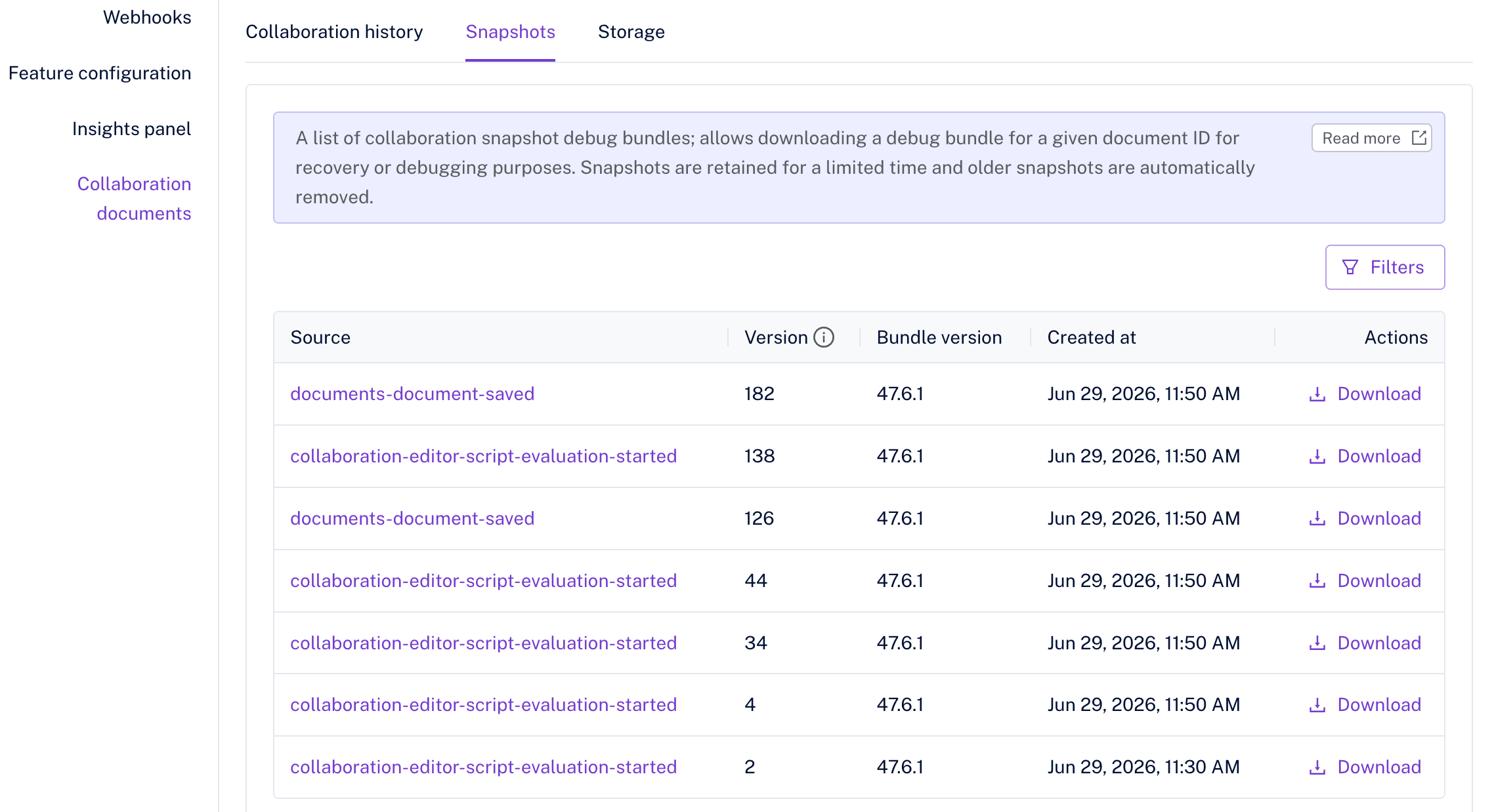 The Snapshots tab listing downloadable debug bundles for a document.