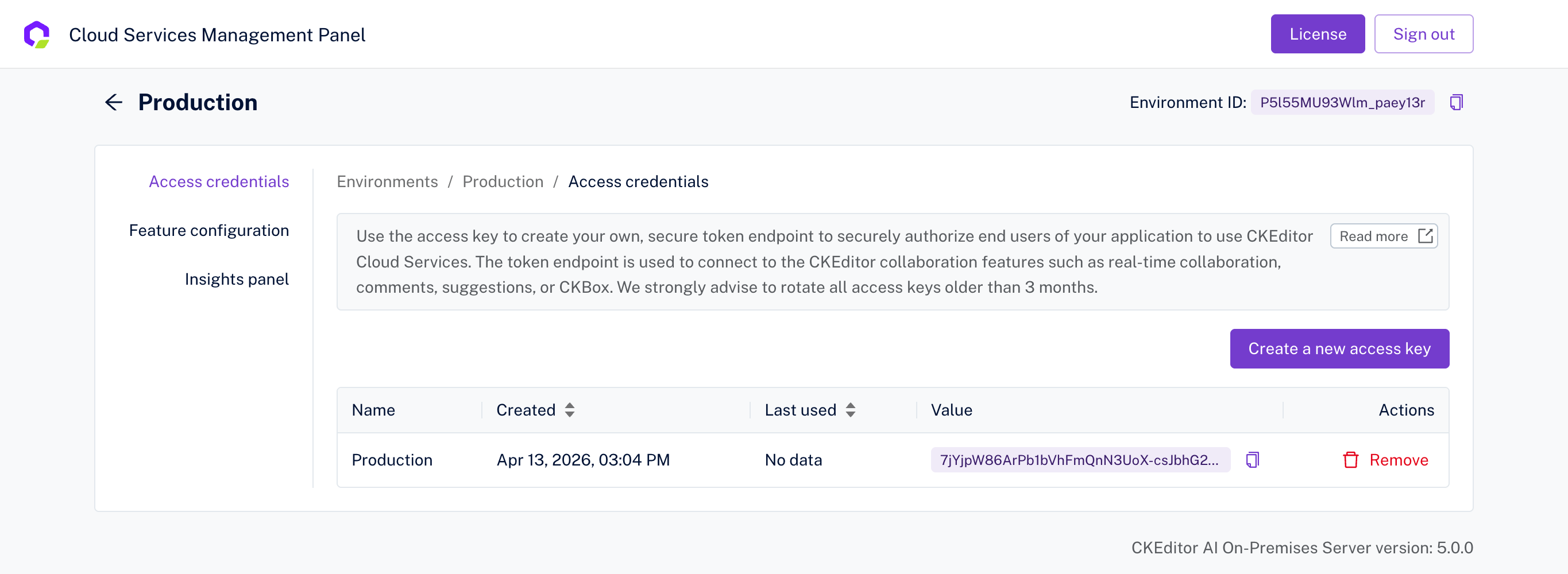 CKEditor AI On-Premises Management Panel — creating an access key.