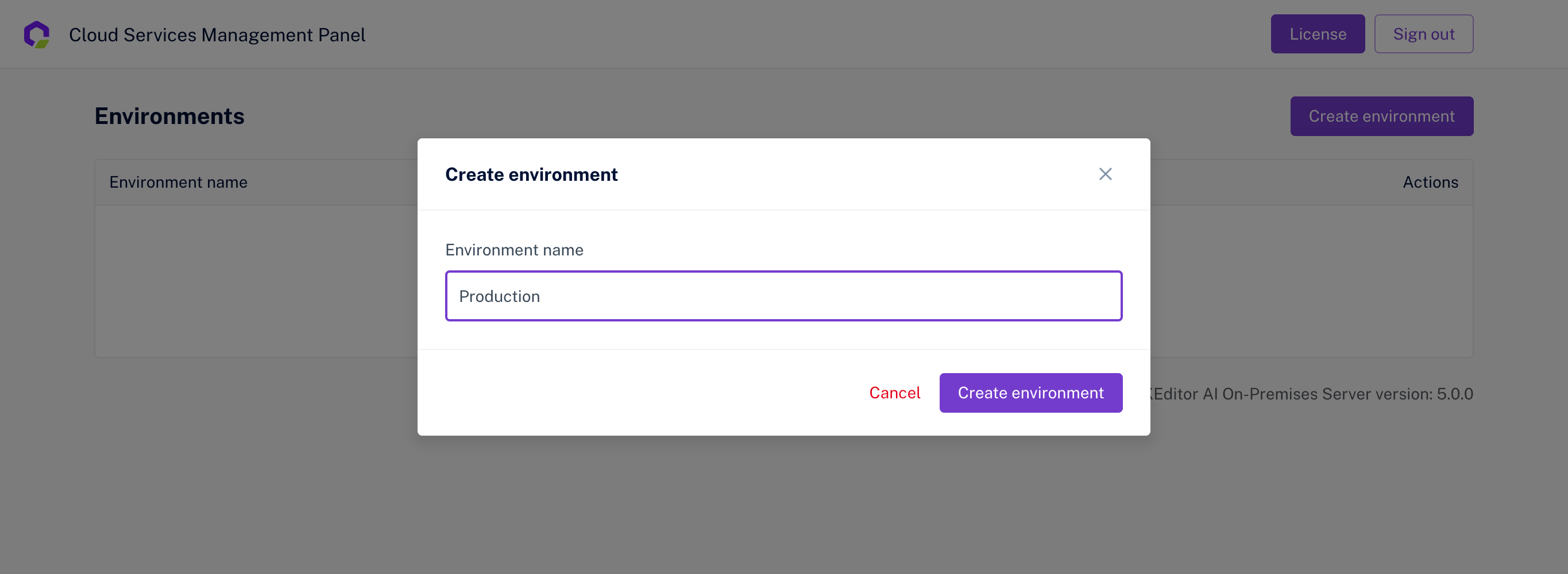 CKEditor AI On-Premises Management Panel — creating an environment.