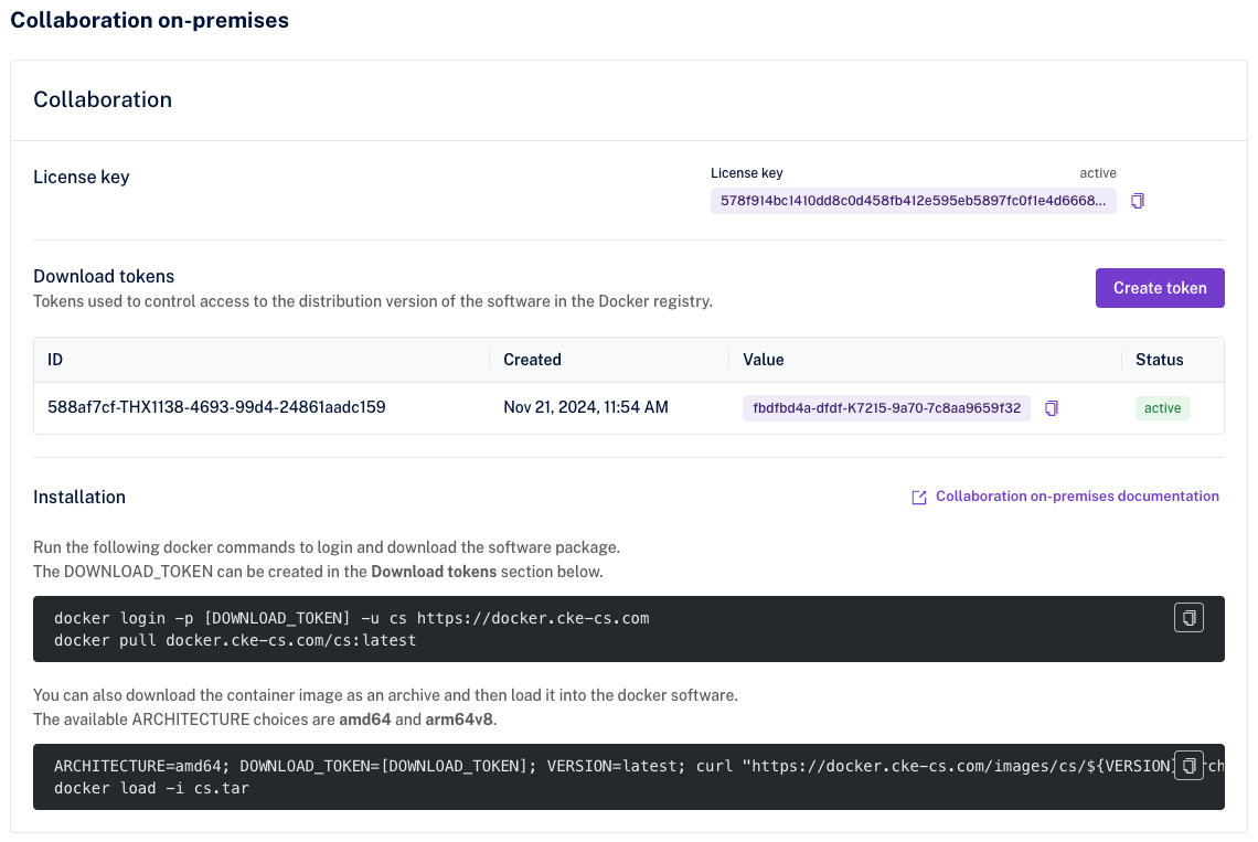 Collaboration Server On-Premises — managing the license key and docker download token.