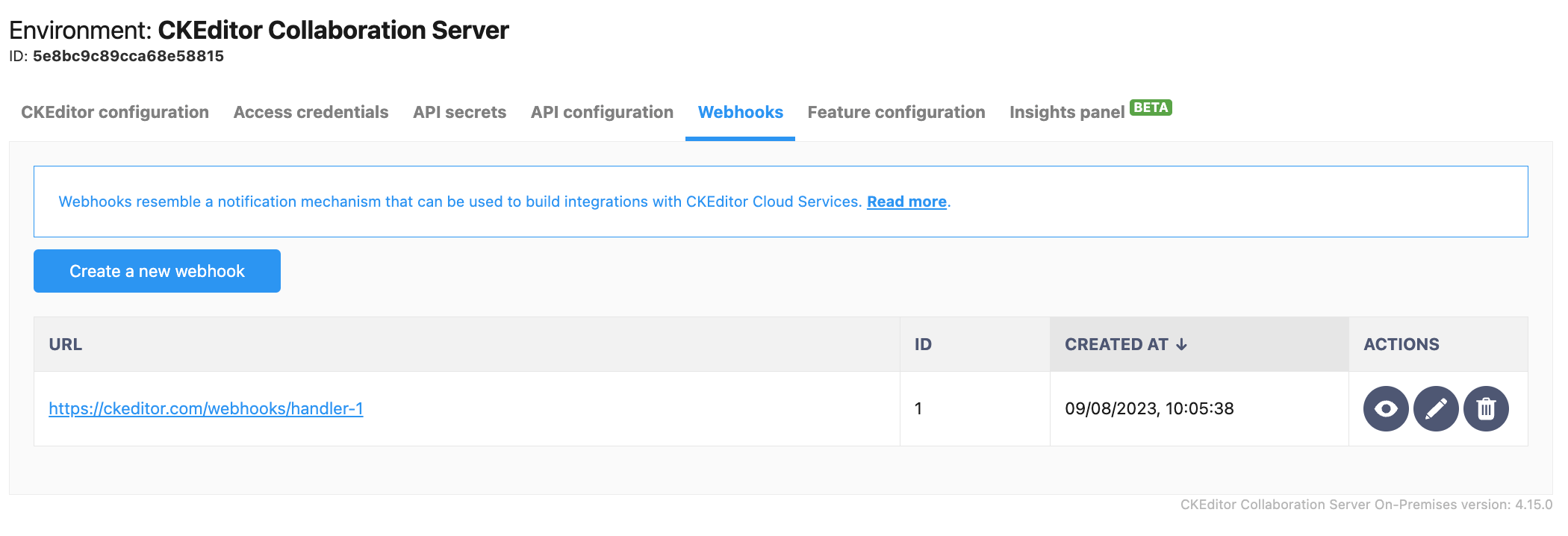 Webhooks list in the CKEditor Ecosystem customer dashboard.