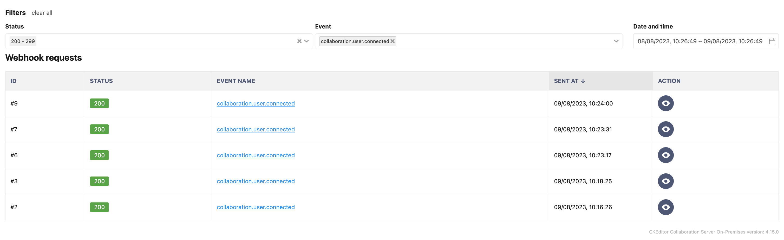 Filtered webhook’s requests list in the CKEditor Ecosystem customer dashboard.