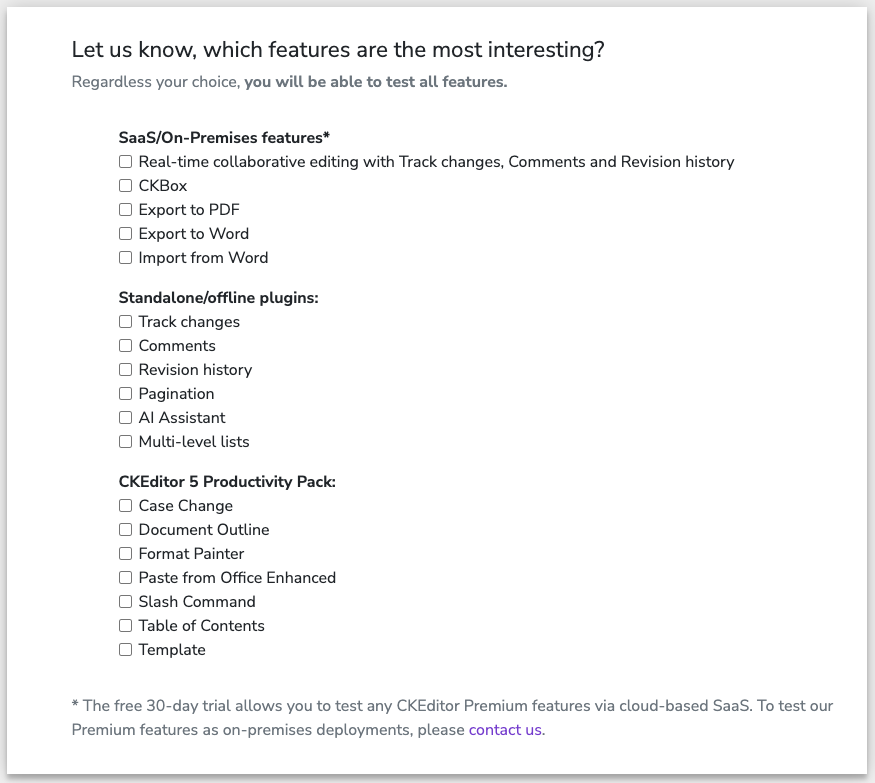 CKEditor Premium Features free trial sign-up view.